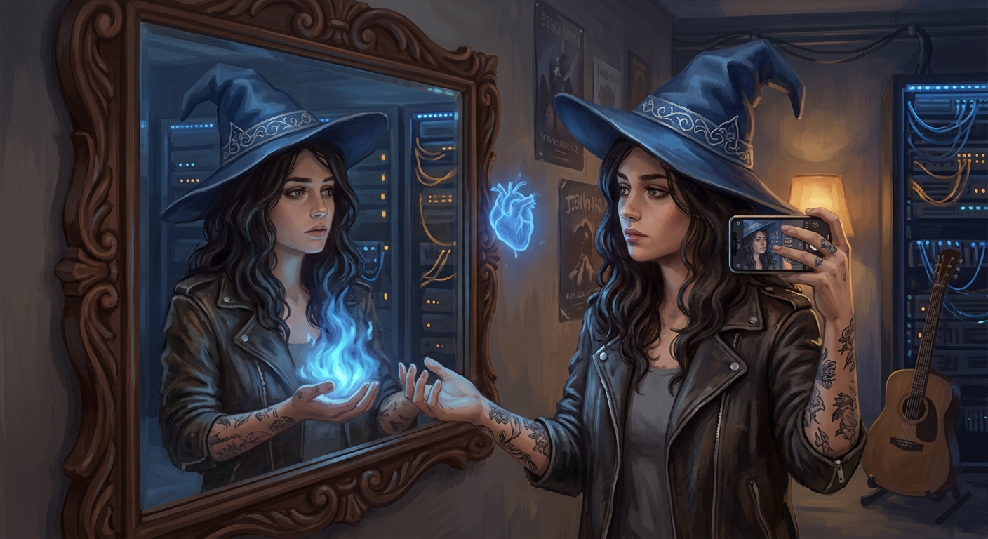 Vivi's Mirror Moment — a young tattooed woman with a blue witch hat, standing before a mirror in a server room, blue fire in her hands, a blue heart floating between her and her reflection.